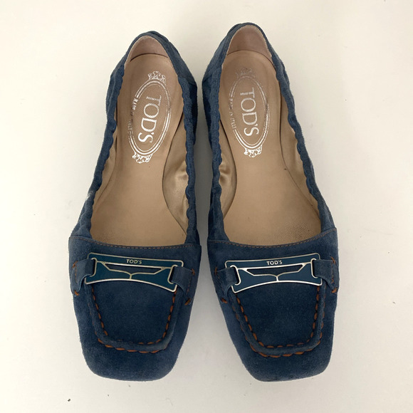 TOD's Ballet Flat Square Toe Blue Scrunch Elastic Suede Slip On Loafer 7.5 - Picture 3 of 12